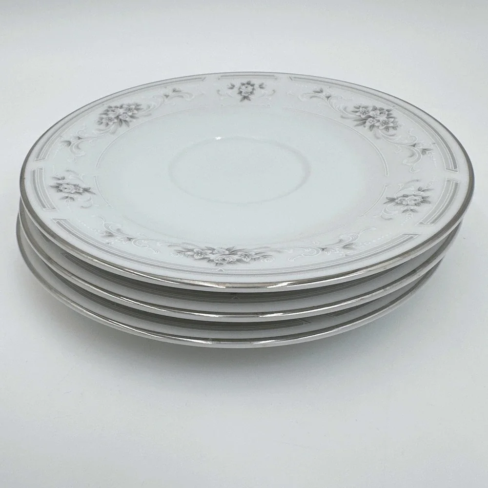 Nitto Cotillion S74 Saucers Set 3 White Grey Floral Platinum Trim Japan Vintage
